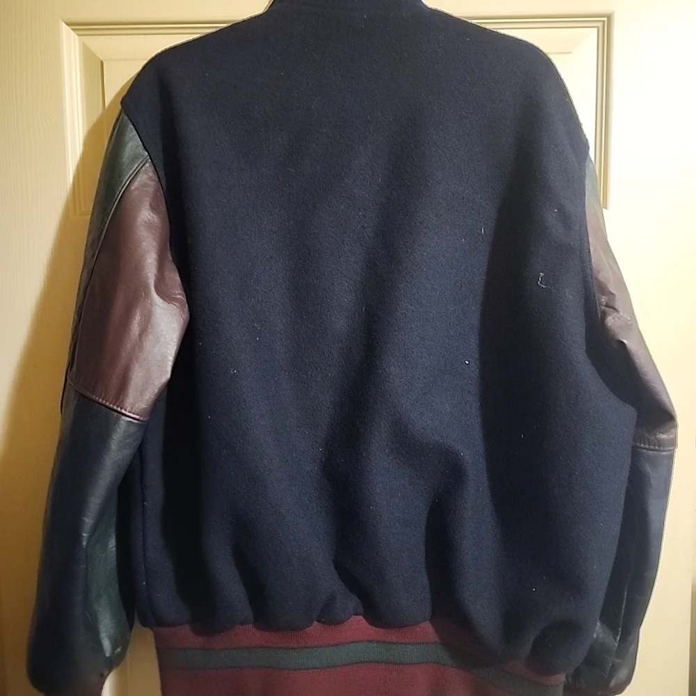 Holloway Black Navy Wool & Leather Bomber Jacket Varsity